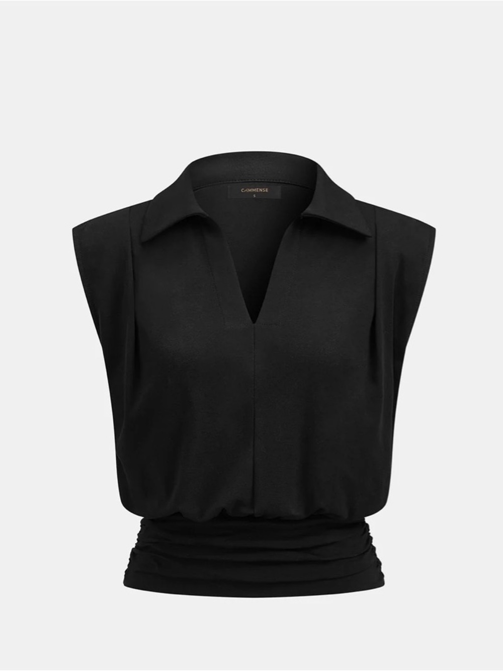 Commense Black V-Neck Collared Sleeveless Top